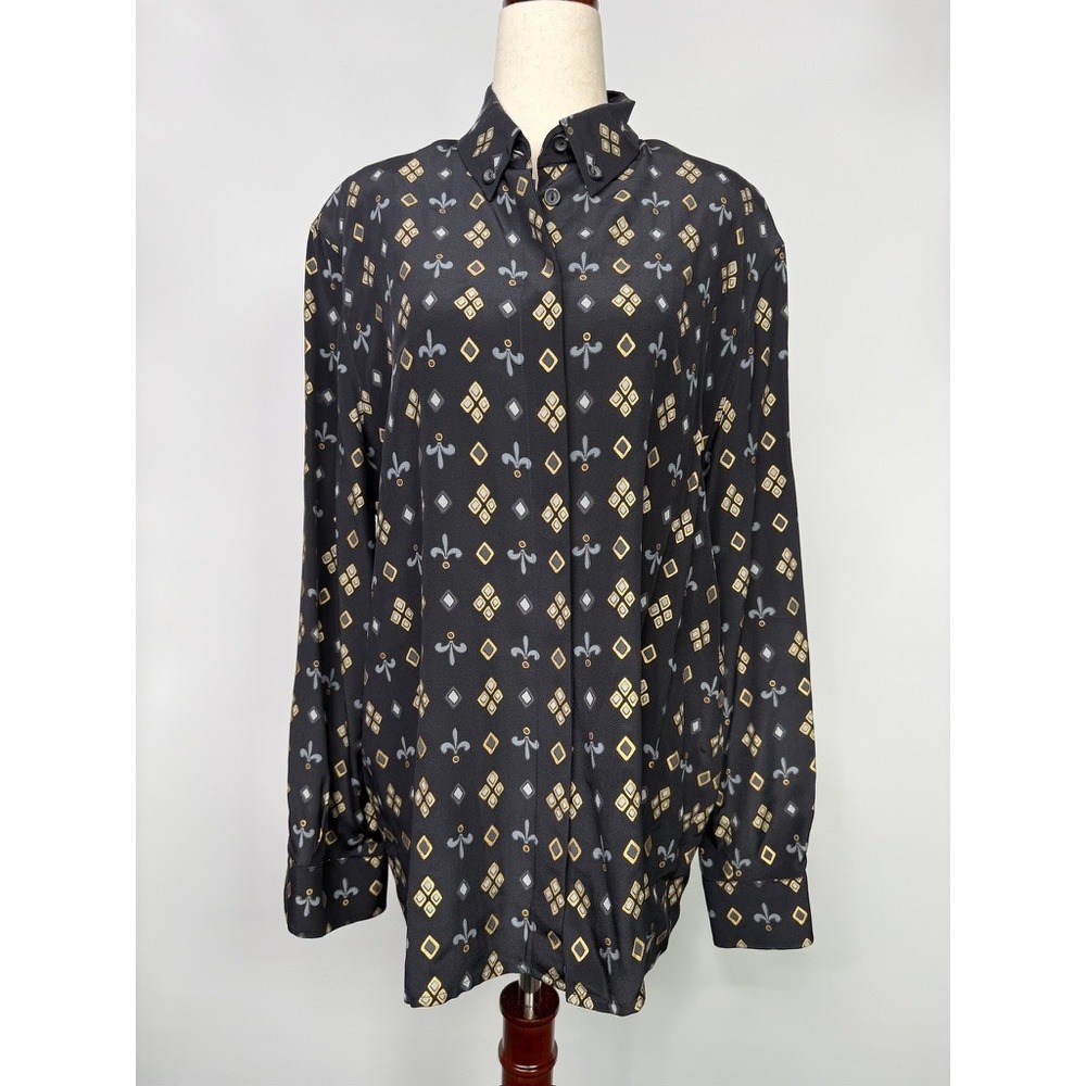 Laurel 100% Silk Black Fleur De Lis Geometric Button Down Blouse Size 42